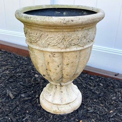 LOT 83: Garden Decor - Plastic Sand Lion Statue with Pair of Plastic / Resin Planters