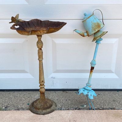 LOT 90: Vintage Garden Decor - Metal / Iron Leaf Shaped with Hummingbird Feeder and Tea Pot Garden Stake