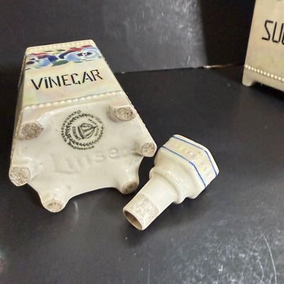 LOT 46: Vintage Cornet Czechoslovakian Ceramic Lusterware Canister, Spice Jars and Vinegar Decanter