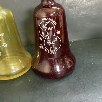 LOT 115: Vintage Wheaton Glass Christmas Bell Bottles and Framed Vintage Christmas Card