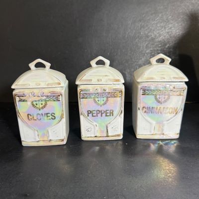 LOT 43: Vintage German Lusterware Spice Jars and Czechoslovakian Oil & Vinegar Decanters