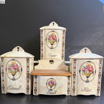 LOT 193: Collection of Czechoslovakian Lusterware Canisters and Salt Box