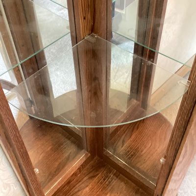 LOT 67: Small Wooden Glass Corner Curio Cabinet with Key
