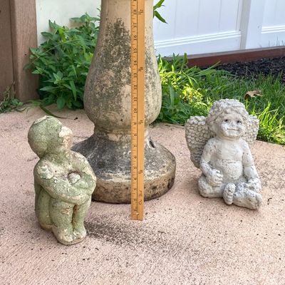 LOT 74: Concrete / Ceramic Outdoor Decor - Two Piece Pedestal / Base, Planter, Cherub and Gazing Young Boy Statues