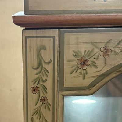 LOT 35: Hand Painted Display Wood Shelf with Mirrored Back and Glass Shelves