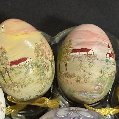 LOT 50: Collection of Hand-painted Egg Shells and Ceramic Eggs and Egg Dish