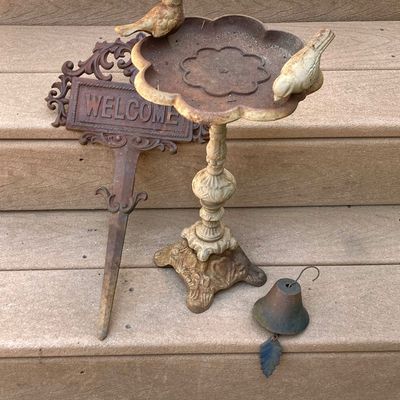 LOT 87: Cast Iron / Metal Garden Decor - Welcome Stake, Bird Feeder and Bell
