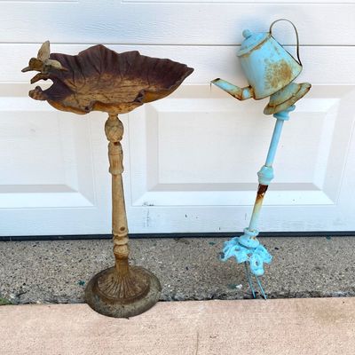 LOT 90: Vintage Garden Decor - Metal / Iron Leaf Shaped with Hummingbird Feeder and Tea Pot Garden Stake