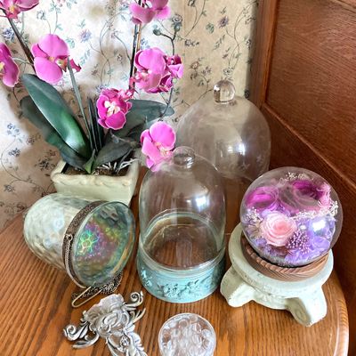 LOT 95: Home Decor - Faux Orchid Plant, Cloches, Hanging Plant Holders, Flower Frog and More