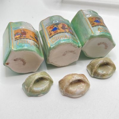 LOT 107: Vintage Collection of Lustreware Ceramic Germany Miniature Canister and Spice Jars