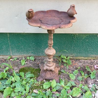 LOT 87: Cast Iron / Metal Garden Decor - Welcome Stake, Bird Feeder and Bell