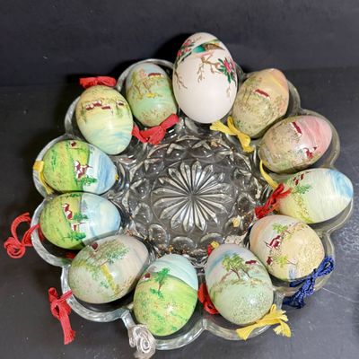 LOT 50: Collection of Hand-painted Egg Shells and Ceramic Eggs and Egg Dish