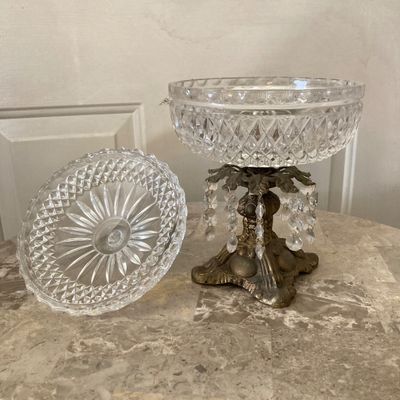 LOT 66: Wood Accent Table with Faux Marble Top, Cut Glass Pedestal Lidded Candy Dish and Decorative Lamp
