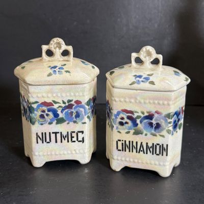 LOT 46: Vintage Cornet Czechoslovakian Ceramic Lusterware Canister, Spice Jars and Vinegar Decanter