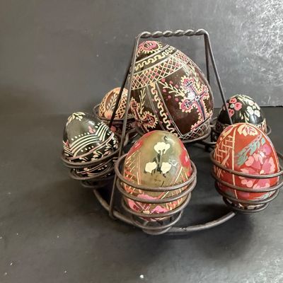 LOT 49: Ukrainian Style Fork Art Wood Eggs, Plate and Scarf and Signed Wooden Bowl