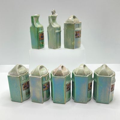 LOT 106: Sweet Vintage Collection of Lustreware Ceramic Germany Miniature Vinegar / Oil and Spice Jars