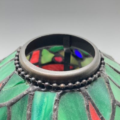 LOT 71: Stained Glass Tea Light Lamp / Light, I Godinger & Co Lidded Bowl with Cast Iron Grasshopper