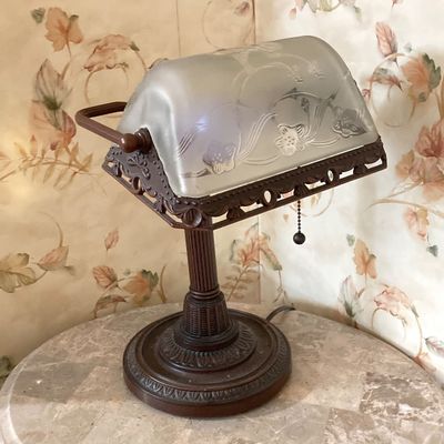 LOT 70: Vintage Banker's Desk Lamp with Frosted / Etched Floral Shade