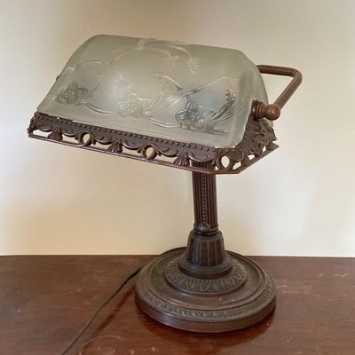 LOT 70: Vintage Banker's Desk Lamp with Frosted / Etched Floral Shade