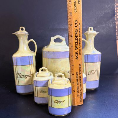 LOT 190: Vintage Czechoslovakian Lusterware Canister, Spice Jars and Decanters