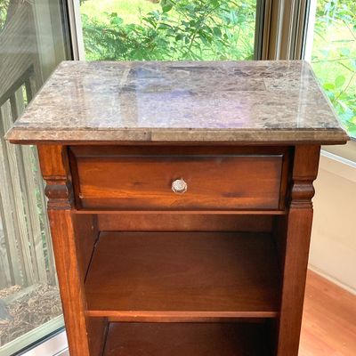 LOT 98: Wood Cabinet / Bookcase with Faux Marble Top