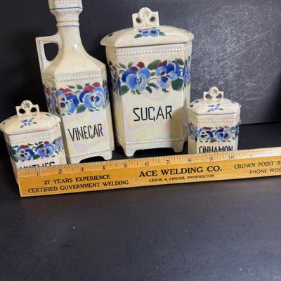 LOT 46: Vintage Cornet Czechoslovakian Ceramic Lusterware Canister, Spice Jars and Vinegar Decanter