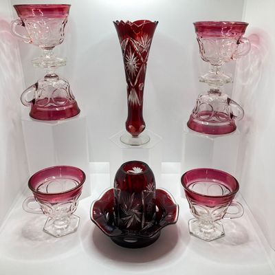 LOT 101: Beautiful Collection of Ruby / Red Cut to Clear Glass Fairy Light and Vase with Six Indiana Glass Lexington Ruby Stained Footed Cup