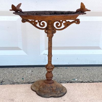 LOT 91: Vintage Garden Decor - Metal / Iron Hummingbird Feeder / Bath with Baby Coach