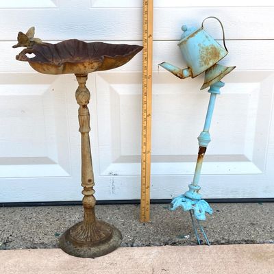 LOT 90: Vintage Garden Decor - Metal / Iron Leaf Shaped with Hummingbird Feeder and Tea Pot Garden Stake