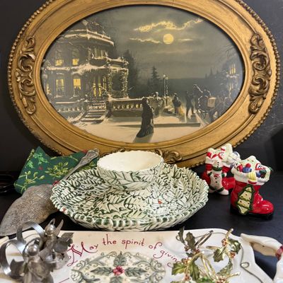 LOT 200: Framed Vintage Winter Scene, Holiday Serving Bowl and Tray, Shakers and More