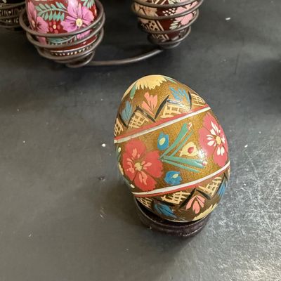 LOT 49: Ukrainian Style Fork Art Wood Eggs, Plate and Scarf and Signed Wooden Bowl