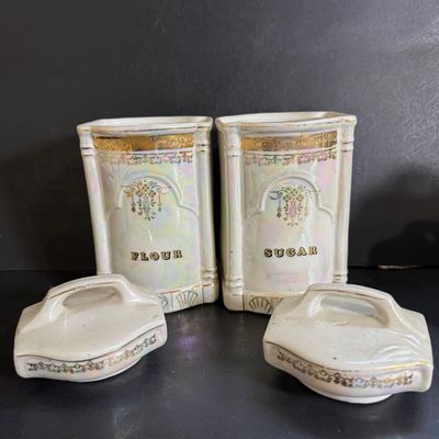 LOT 44: Vintage German Ceramic Lusterware Canisters, Spice Jars and Salt Box