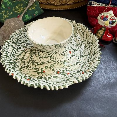 LOT 200: Framed Vintage Winter Scene, Holiday Serving Bowl and Tray, Shakers and More