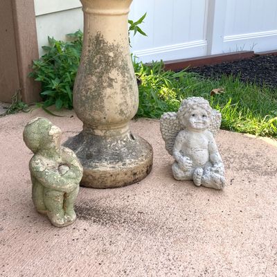 LOT 74: Concrete / Ceramic Outdoor Decor - Two Piece Pedestal / Base, Planter, Cherub and Gazing Young Boy Statues