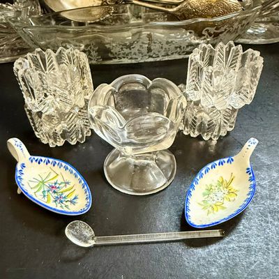 LOT 135: Etched Glass Serving Dish and Candle Holders, Victorian Bust Shakers, Metal Tray, Salt Dishes and More