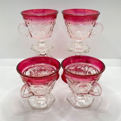 LOT 101: Beautiful Collection of Ruby / Red Cut to Clear Glass Fairy Light and Vase with Six Indiana Glass Lexington Ruby Stained Footed Cup