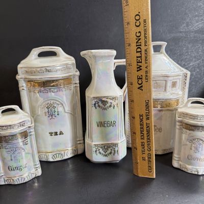 LOT 47: Vintage German Ceramic Lusterware Canisters, Spice Jars and Salt Box