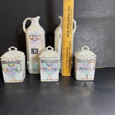 LOT 43: Vintage German Lusterware Spice Jars and Czechoslovakian Oil & Vinegar Decanters