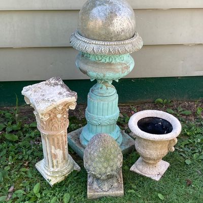 LOT 86: Outdoor / Garden Decor - Pedestal Planter / Glass Ball, Distressed Pedestal, Planter and More
