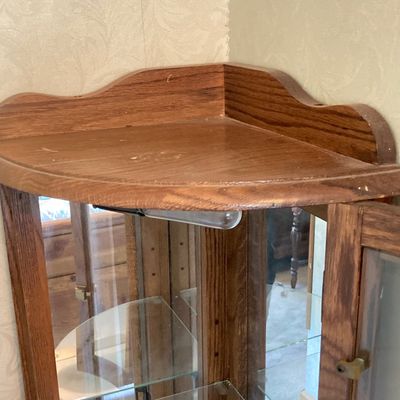 LOT 67: Small Wooden Glass Corner Curio Cabinet with Key