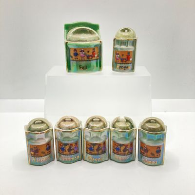 LOT 107: Vintage Collection of Lustreware Ceramic Germany Miniature Canister and Spice Jars