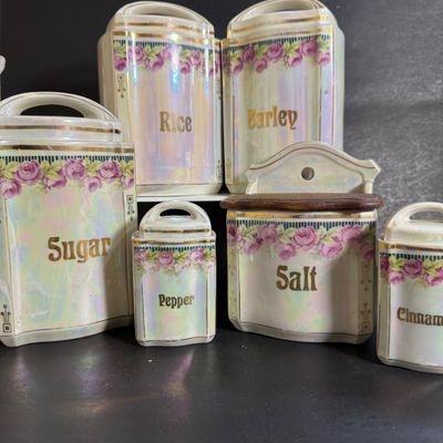 LOT 45: Vintage German Ceramic Lusterware Canisters, Spice Jars and Salt Box