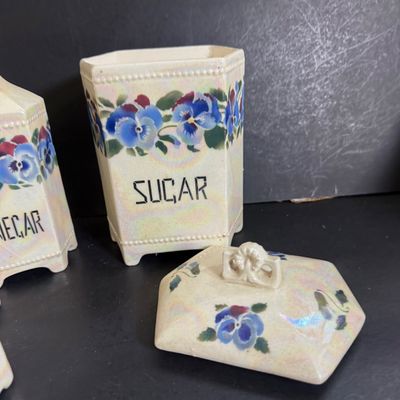 LOT 46: Vintage Cornet Czechoslovakian Ceramic Lusterware Canister, Spice Jars and Vinegar Decanter