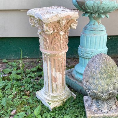 LOT 86: Outdoor / Garden Decor - Pedestal Planter / Glass Ball, Distressed Pedestal, Planter and More