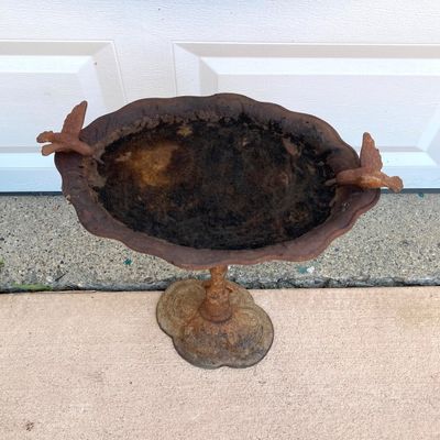 LOT 91: Vintage Garden Decor - Metal / Iron Hummingbird Feeder / Bath with Baby Coach