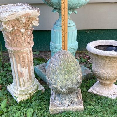 LOT 86: Outdoor / Garden Decor - Pedestal Planter / Glass Ball, Distressed Pedestal, Planter and More