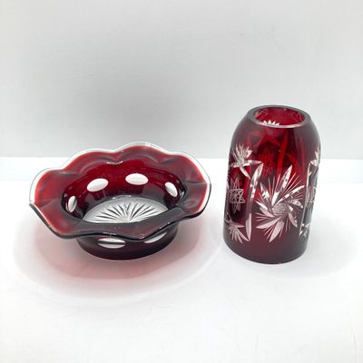 LOT 101: Beautiful Collection of Ruby / Red Cut to Clear Glass Fairy Light and Vase with Six Indiana Glass Lexington Ruby Stained Footed Cup