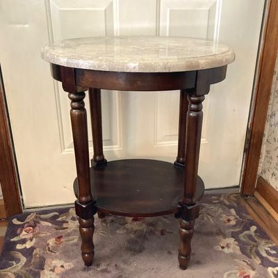 LOT 66: Wood Accent Table with Faux Marble Top, Cut Glass Pedestal Lidded Candy Dish and Decorative Lamp