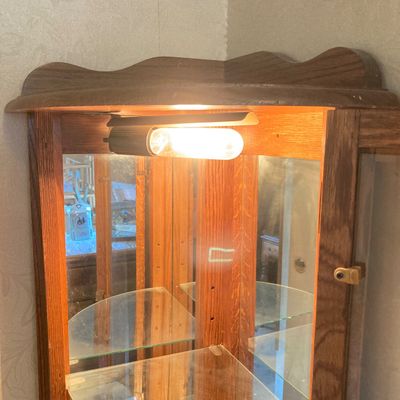 LOT 67: Small Wooden Glass Corner Curio Cabinet with Key