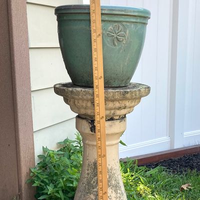 LOT 74: Concrete / Ceramic Outdoor Decor - Two Piece Pedestal / Base, Planter, Cherub and Gazing Young Boy Statues